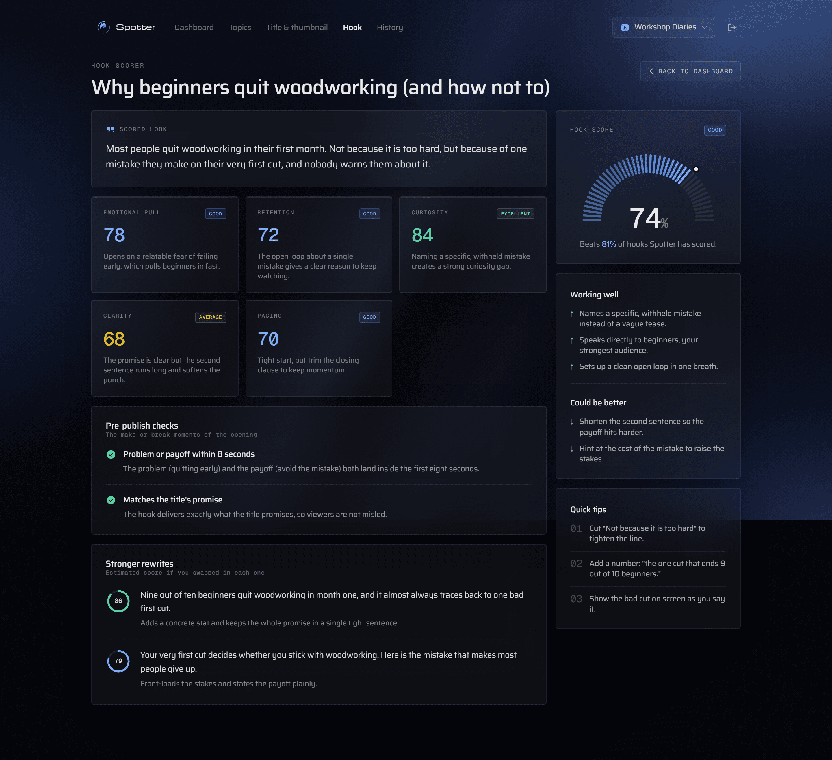Hook Scorer screen in WhiteSpaceKit
